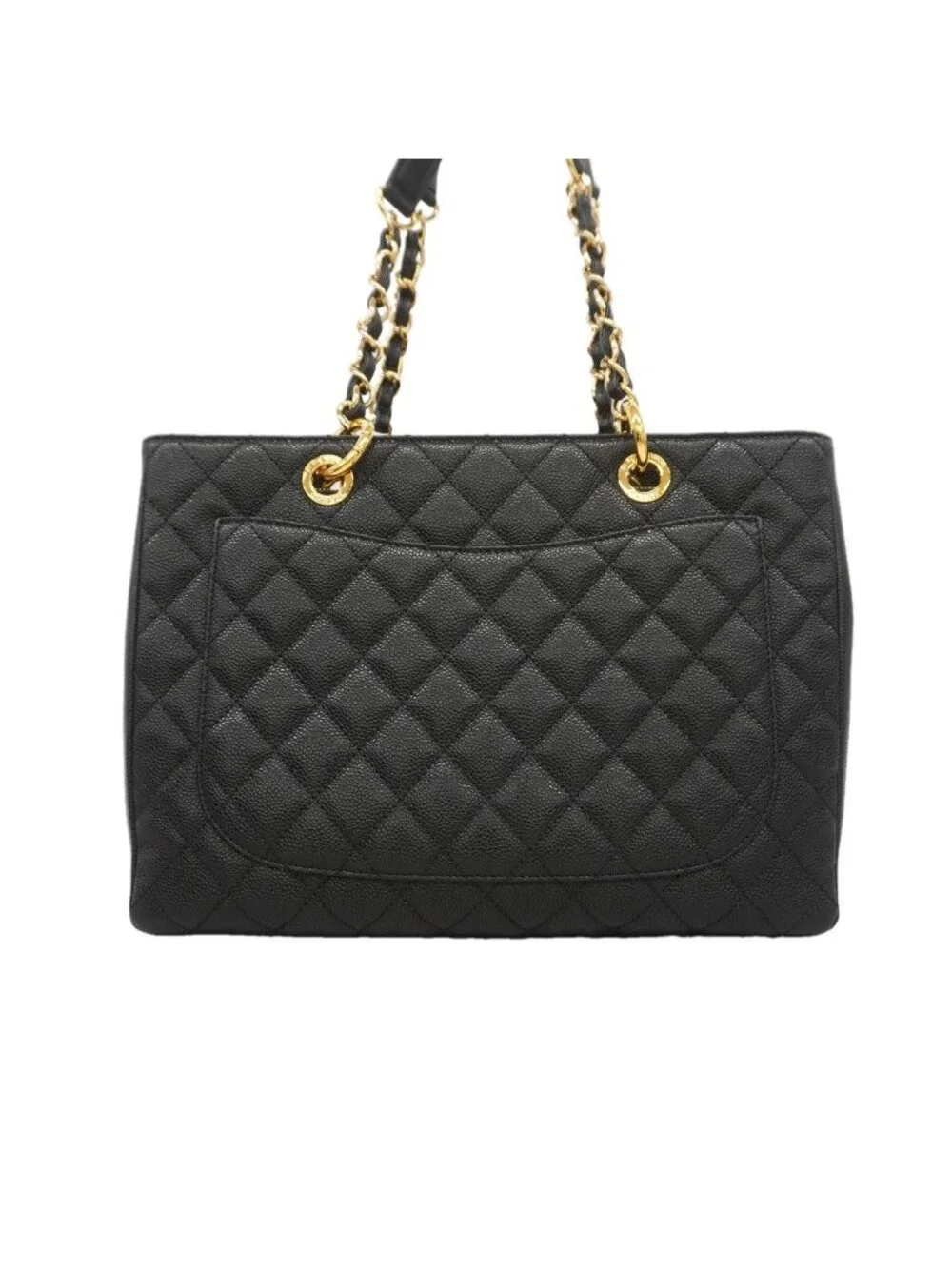 Chanel Chain Tote Bag Quilted Caviar Leather Black Gold